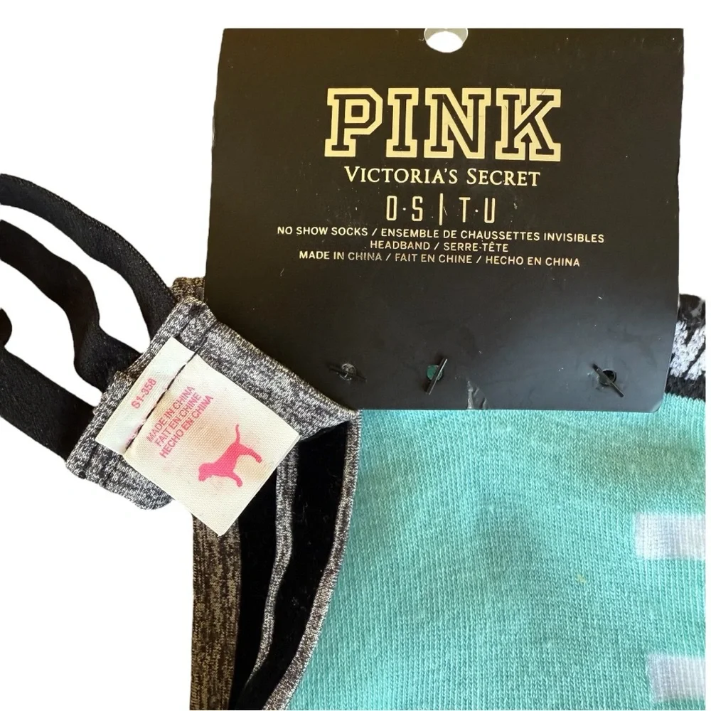 PINK VICTORIA’S SECRET SET *GRAY LOGO HEADBAND & NO-SHOW ANKLE SOCKS, NWT, NEW